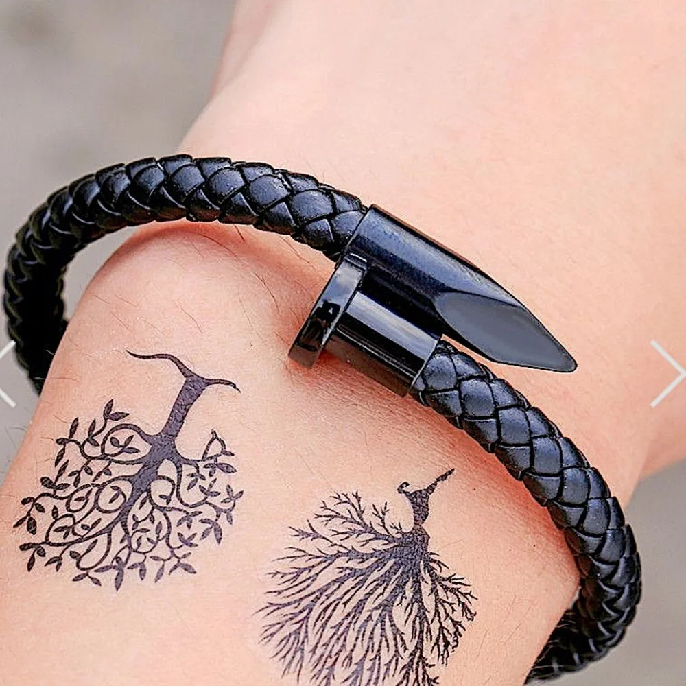 Black Leather Nail Magnetic Bracelet, Braided, Unisex